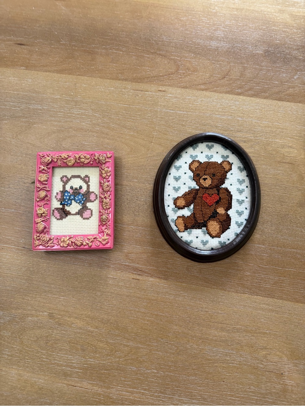 Cross Stitch Teddy Bear art - Brown & Pink